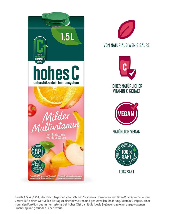 High C Mild Multivitamin (1 X 1.5L), 100% suc, mere, portocale, acerola, mango, 7 vitamine, Fără zahăr adăugat conform legii, Mai puțin acid, Vegan Bauturi fara alcool Naty Shop