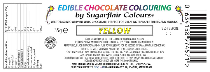 Sugarflair Yellow Chocolate Colouring - Farbige Kakaobutter Zum Färben Von Schokolade Oder Zum Direkten Malen Auf Schokolade, Transferblätter Oder Formen - 35G Coloranti Alimentari Naty Shop