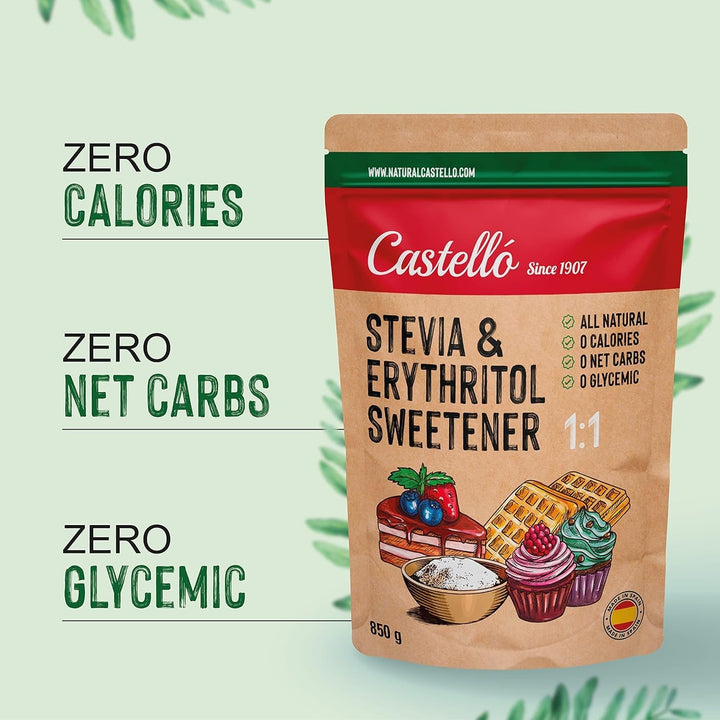 Stevia + Erythrit 1:1 Süßstoff | 1G = 1G Zucker | 100% Natürlicher Zuckerersatz - 0 Kalorien - 0 Glykämischer Index - Keto Und Paleo - 0 Netto-Kohlenhydrate - Kein GVO - Castello since 1907-850 G Indulcitori Naty Shop
