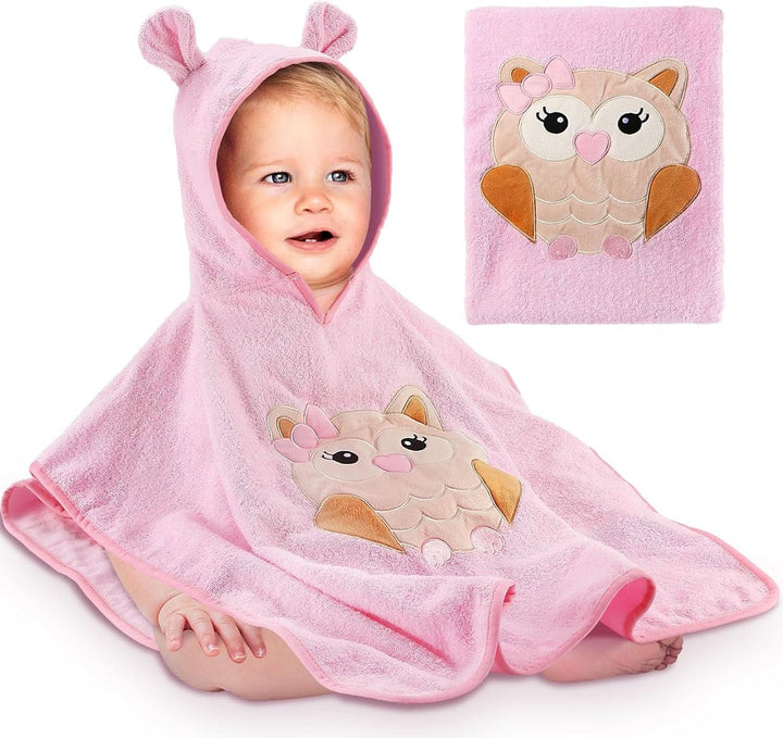 Poncho de baie pentru copii Oeko TEX, 100% bumbac Mama si Copilul Naty Shop Bufnițe roz
