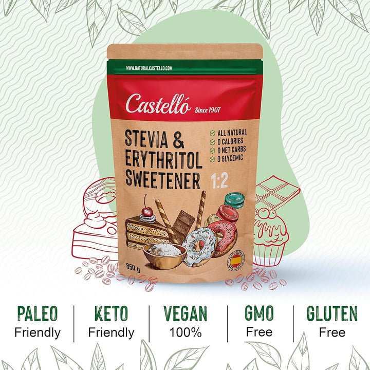 Stevia + Erythrit 1:2 Süßstoff | 1G = 2G Zucker | 100% Natürlicher Zuckerersatz - 0 Kalorien - 0 Glykämischer Index - Keto Und Paleo - 0 Netto-Kohlenhydrate - Kein GVO - Castello since 1907 - 850 G Indulcitori Naty Shop