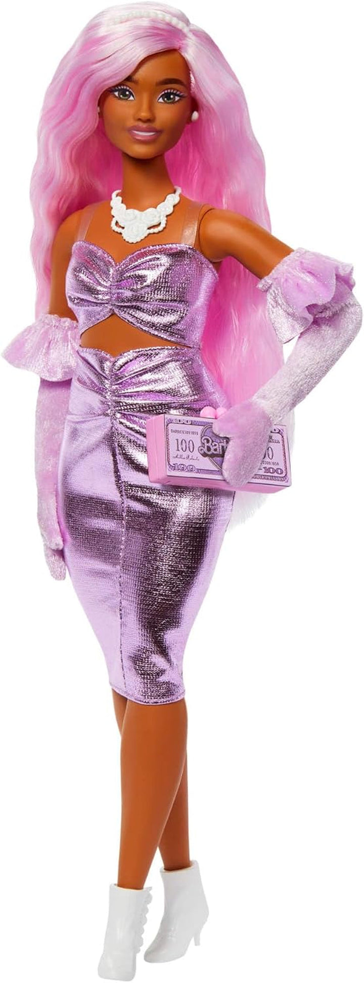 Păpușă Barbie Deluxe Style nr. 3 cu ținută Barbiecore, păr blond în coc înalt, rochie roz pastel cu fundiță supradimensionată și accesorii precum colanți Fishnet, HYV27 Papusi Naty Shop Roz