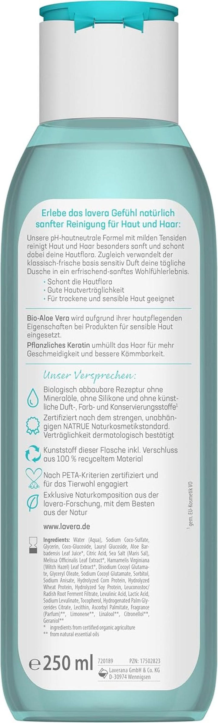 Lavera Care Basis Sensitiv 2 în 1, Șampon și gel de duș cu aloe vera bio și keratină vegetală, 250 ml Duș și baie Naty Shop