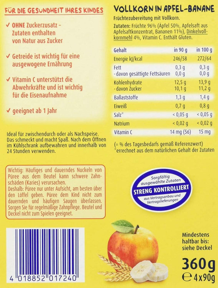 Kids fun fructe și cereale, integrale în mere-banane, pachet de 4 ( 4 X 90 grame ) Mama si Copilul Naty Shop