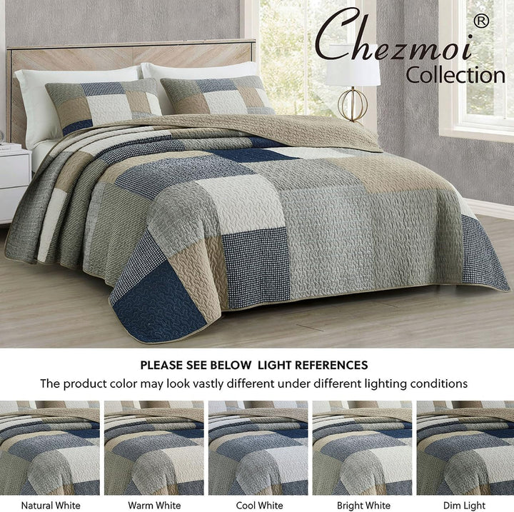 Chezmoi Collection Addy Patchwork Quilt Set bumbac pre-spălat, ușor, reversibil, pentru toate anotimpurile, supradimensionat, 3 piese, albastru marin, alb, gri, taupe, în carouri Plapumi si pilote Naty Shop