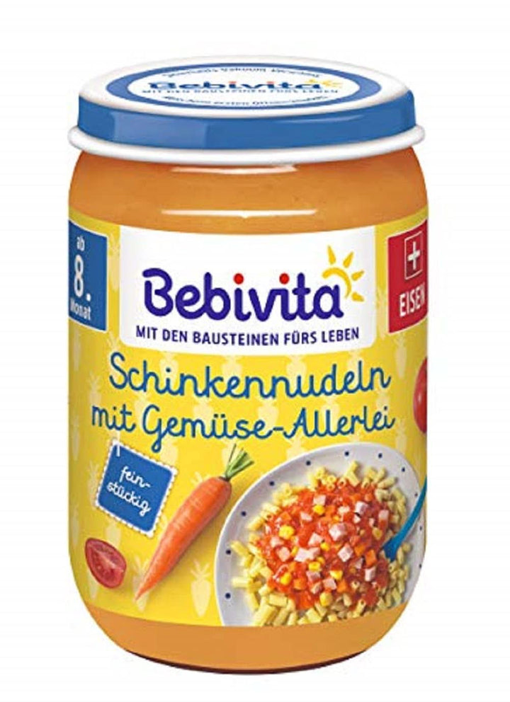Meniuri De la 8 luni Spaghetti Bolognese, pachet de 6 (6 X 220 grame), mediu Mama si Copilul Naty Shop 220 grame Tăiței cu șuncă cu o varietate de legume