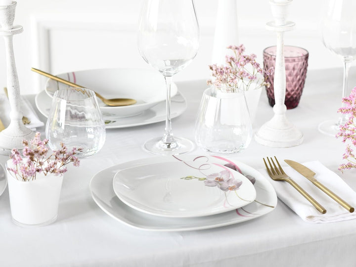 Creatable, 22536, Serie Square Orchidee, 62-Teiliges Geschirrset Für 6 Personen, Kombiservice Aus Porzellan, Spülmaschinen- Und Mikrowellengeeignet, Qualitätsproduktion Seturi vesela masa Naty Shop