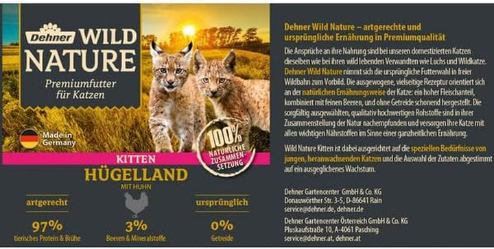 Dehner Wild Nature hrană pentru pisici Kitten Hügelland, hrană umedă fără cereale / fără zahăr, pentru pisici tinere, pui, cutie 6 X 200 G (1,2 kg)