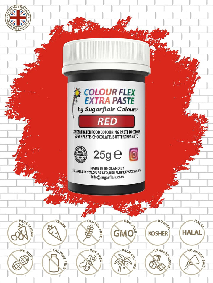 Sugarflair Colourflex Extra Paste Lebensmittelfarbe Paste Red - Essbare Lebensmittel Farbe Für Buttercreme, Schokolade, Zuckerpaste, Zuckerguss, Fondant, Kuchenmischungen, Teig Und Mehr - 25G Coloranti Alimentari Naty Shop