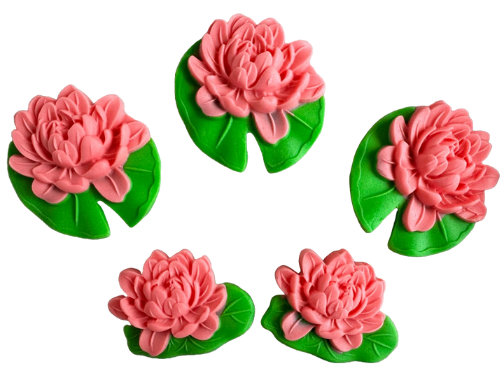Set 5 decoratiuni comestibile din pasta de zahar, Nuferi roz Decoratiuni din Pasta de Zahar Naty Shop