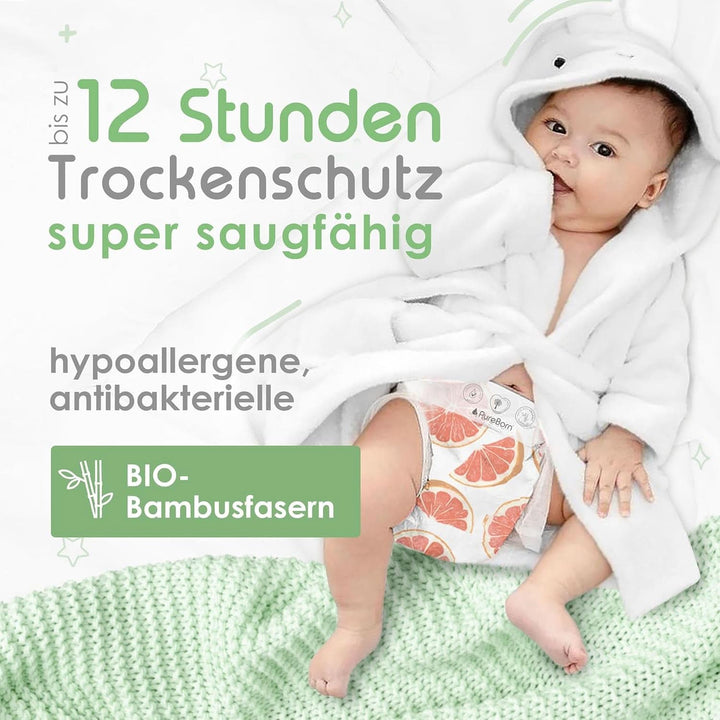 Scutece din bambus organic Pureborn Eco, marimea 2 (3-6 kg), 64 bucati, ecologice, hipoalergenice, ultra-moale, cu indicator de umiditate, diverse imprimeuri Mama si Copilul Naty Shop