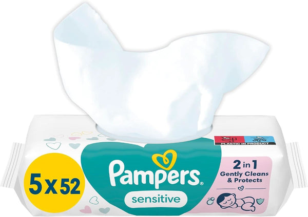 Pampers Sensitive Feuchttücher 5 Packungen Mit 52 Stück - 260 Feuchttücher, Ohne Duft, Für Eine Sanfte Und Weiche Reinigung Naty Shop 260 Stück