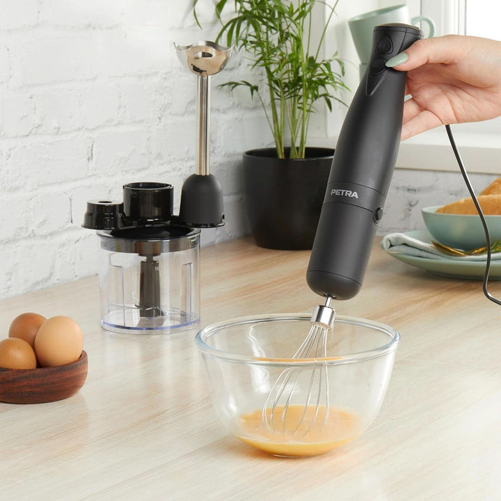 Petra PT2827BMBLKVDE 3-In-1 Mixer – Bpa-Freie Anbauteile, 500Ml-Schüssel, 700Ml-Becher, Schneebesen, Mixen, Zerkleinern, 2 Geschwindigkeiten, Edelstahlklingen, Für Babynahrung, Smoothies, Saucen, 350W Mama si Copilul Naty Shop
