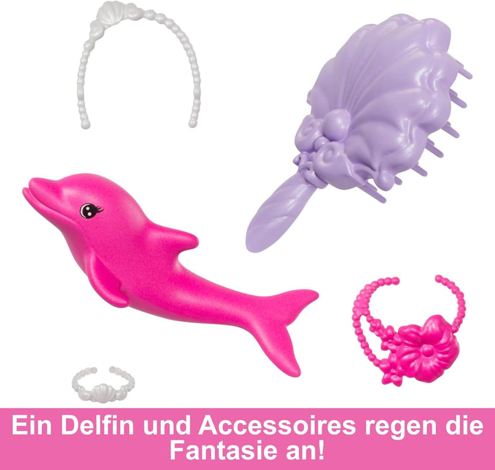 Păpușă sirenă BARBIE - inspirată din serialul TV "Barbie A Hidden Magic", cu efect de schimbare a culorilor și accesorii, păr roz lung de 19 cm pentru styling, pentru copii de la 3 ani, HRP97 Papusi Naty Shop