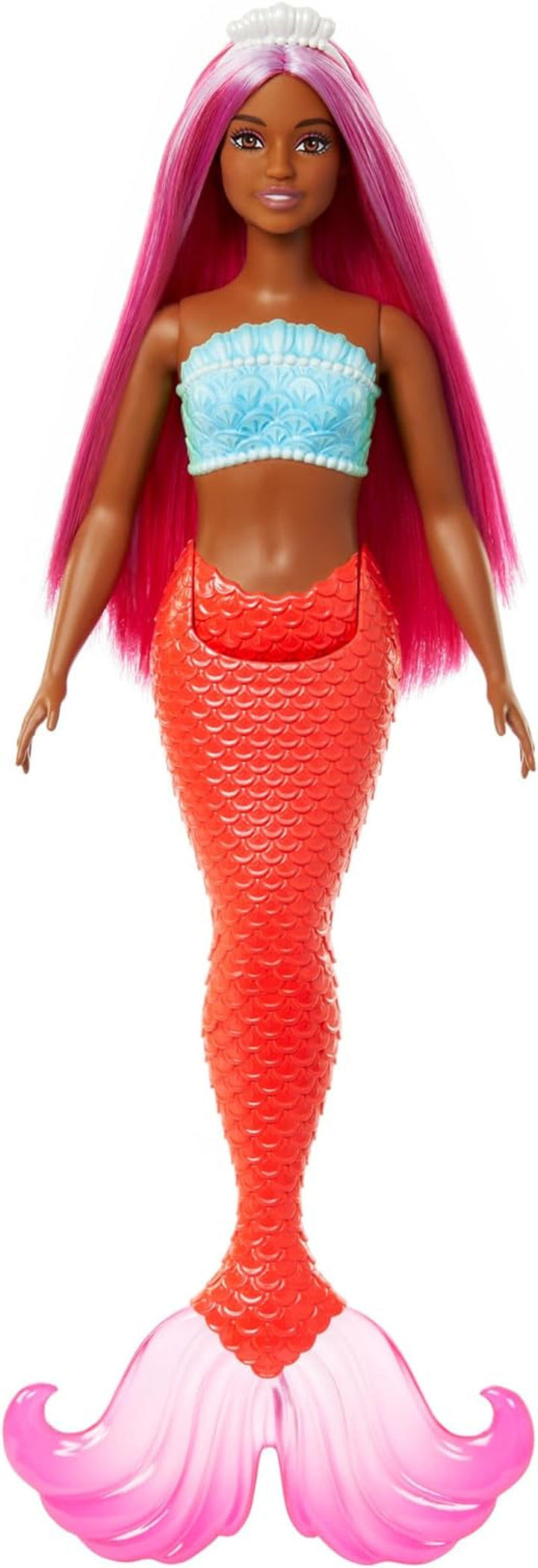 Păpușă sirenă Barbie cu păr fantezie în roz și lila cu bentiță, păpușă cu partea de sus din scoică și aripioară din coadă albastru lavanda, HRR06 Papusi Naty Shop Sirenă cu coadă în roșu tropical