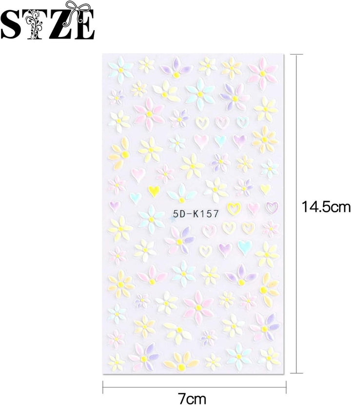 JMEOWIO 3D Nagelsticker Frühling Blumen 5 Blatt Nagelaufkleber 5D Stereoskopisch Selbstklebend Bunte Blüte Nail Art Sticker Dekoration Nageldesign Zubehör