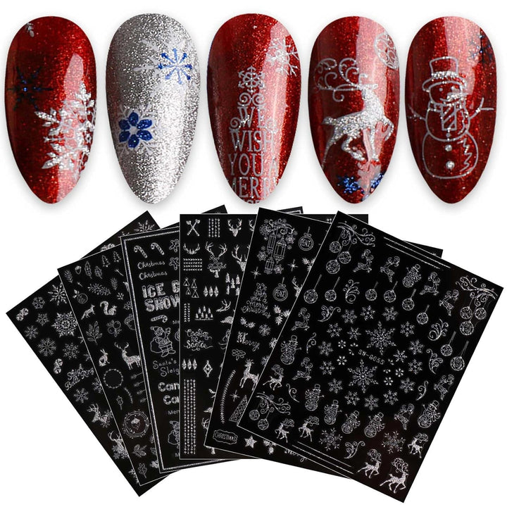 JMEOWIO Nagelsticker Weihnachten 9 Blatt Nail Art Sticker Selbstklebend Nagelaufkleber Schneeflocke Schneemann Festival Weißes Gold Dekoration Nageldesign Zubehör