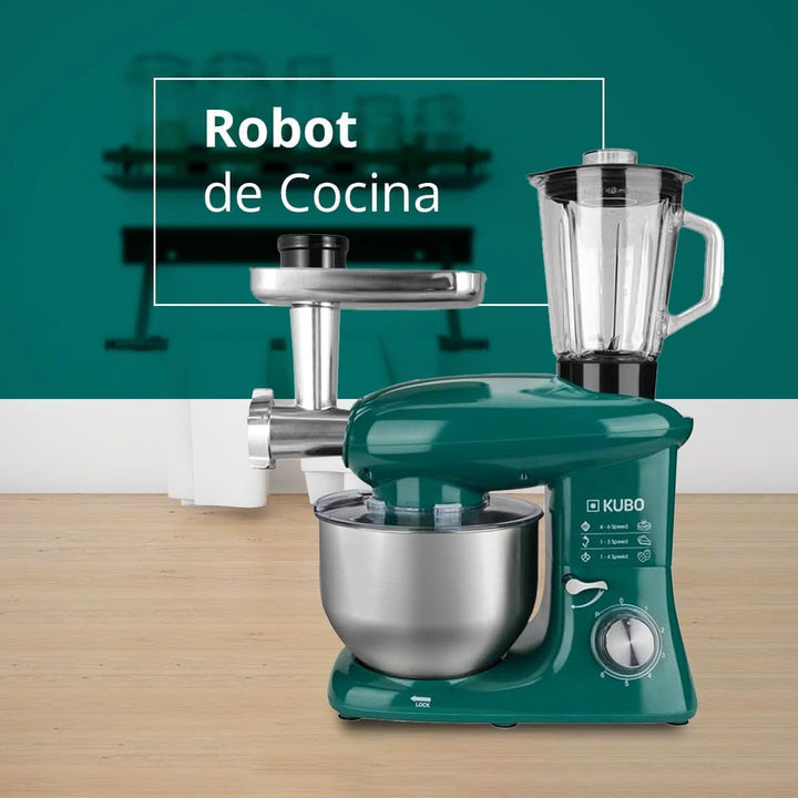 Küchenmaschine - 7 Zubehörteile: Mixbecher, Fleischwolf, Große Schüssel, Schutzdeckel, Schneebesen, Mixer Und Knetmaschine - Farbe: Grün - Fassungsvermögen: 6 Liter Mama si Copilul Naty Shop