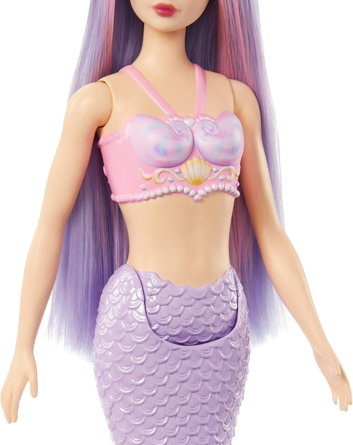 Păpușă sirenă Barbie cu păr fantezie în roz și lila cu bentiță, păpușă cu partea de sus din scoică și aripioară din coadă albastru lavanda, HRR06 Papusi Naty Shop
