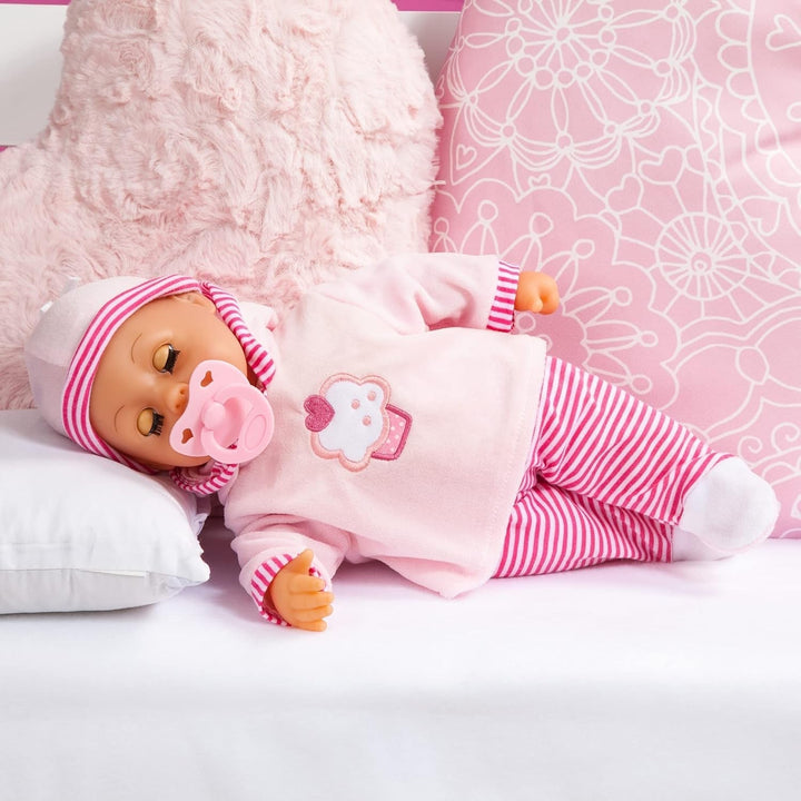 Păpușă First Words cu ochi adormiți, vorbește 24 de sunete de bebeluș, cu păpușă și biberon, 38 cm, roz/stripes Papusi Naty Shop