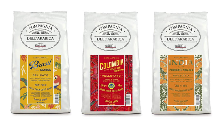 Caffè Corsini - Cafea boabe 3 X 250 grame, Compagnia Dell'Arabica, diverse arome, origine unică, total 750G Cafea Naty Shop Set Brazilia/Columbia/India Boabe de cafea