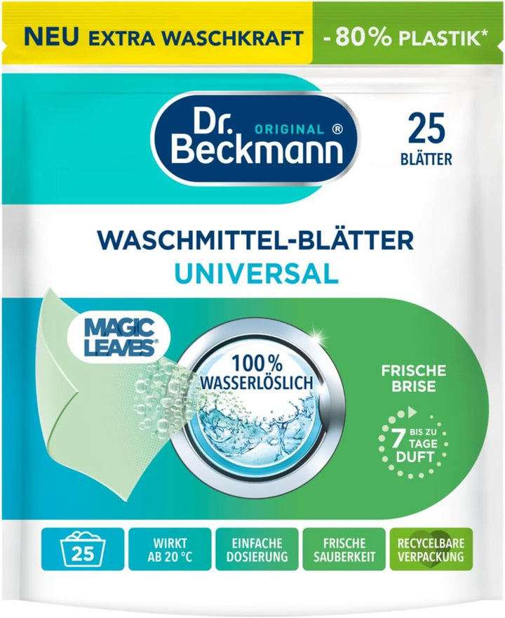 Foi de detergent Dr Beckmann MAGIC LEAVES COLOR | Foi de spălat predozate și solubile în apă | Economisitoare de spațiu și ușor de utilizat | 25 de foi Detergenti Rufe Naty Shop 25 bucati Universal