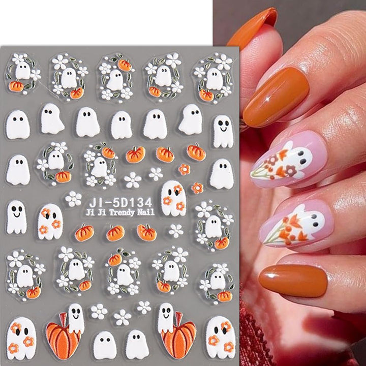 JMEOWIO 3D Nagelsticker Halloween Nail Art Sticker Selbstklebend Nagelaufkleber 5D Stereoskopisch Süßer Geisterkürbis Dekoration Nageldesign Zubehör 4 Blatt
