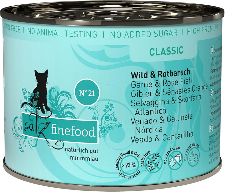 Catz Finefood N° 21 Game & Redfish Delicatessen Hrană umedă pentru pisici, rafinată cu cartofi și afine, cutii de 6 X 800G