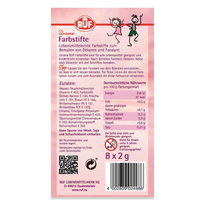 RUF Lebensmittel-Farbstifte, 8 Lebensmittelechte Speisefarben Als Stifte-Set Zum Malen & Schreiben Auf Fondant & Co., Zucker-Stifte Mit Je 2 Spitzen Coloranti Alimentari Naty Shop