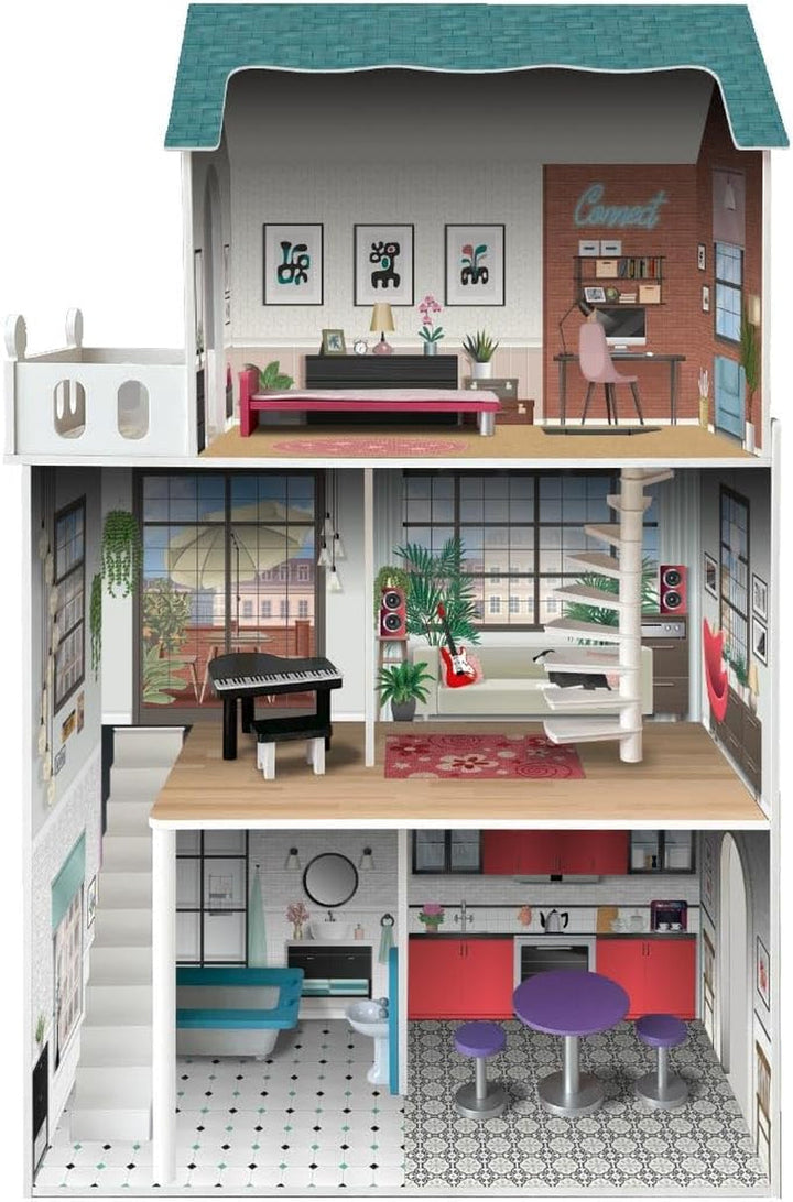 Casă de păpuși cu 3 etaje, design Soho-Madera, cu 8 piese de mobilier, dimensiuni 120 X 33 X 75 cm (913D00181) Casute de papusi Naty Shop