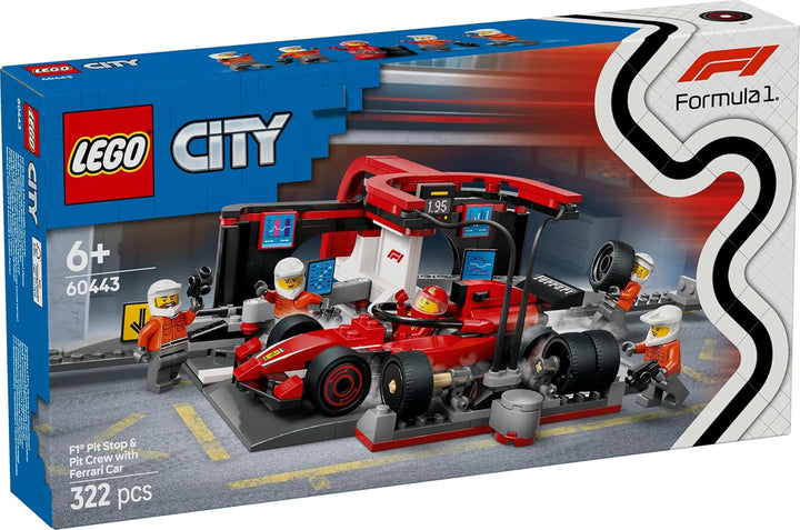 LEGO City F1 Pit Stop cu echipa și Ferrari Speedster - Set Formula 1 Pit Stop cu 1 pilot de curse și 4 minifigurine mecanice - Jucărie pentru mașini de curse pentru băieți și fete peste 6 ani - 60443 Seturi de constructie Besuche den LEGO-Store