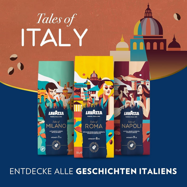 Lavazza, Tales of Roma, boabe de cafea, ideale pentru mașinile de cafea Espresso, cu note de aromă de alune și ciocolată neagră, Arabica și Robusta, 250 grame Cafea Naty Shop