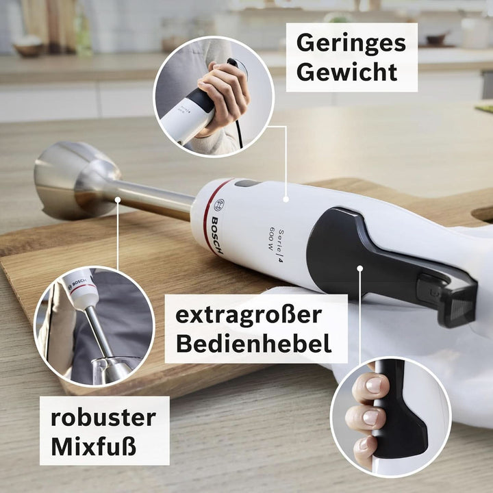 Bosch Stabmixer Ergomaster Serie 4 MSM4W210, Einhändig Bedienbar, Edelstahl-Klingen, Verschleißfreie Keramik-Kupplung, Mixbecher, Quattroblade, Antisplash Funktion, Einschaltsperre, 600 W, Weiß Mama si Copilul Naty Shop