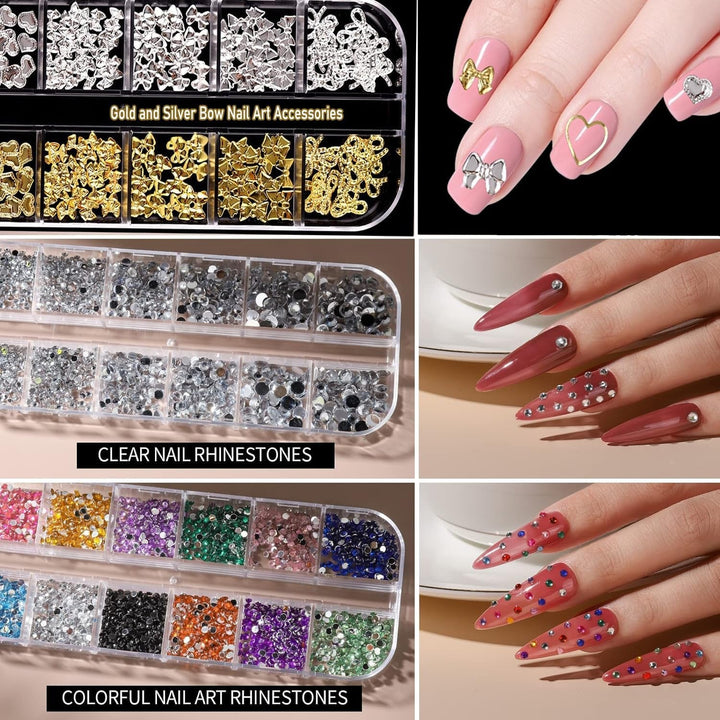 Nail Charms,6 Boxen Gold Silber Nagel Charms 3D Gold Bogen Stern Nail Art Dekoration+6200 Strasssteine Bunt Steine AB Perlen Diamanten,3D Legierung Bow Nail Gems Nagel Deko Für Frauen Nagel (6-A)