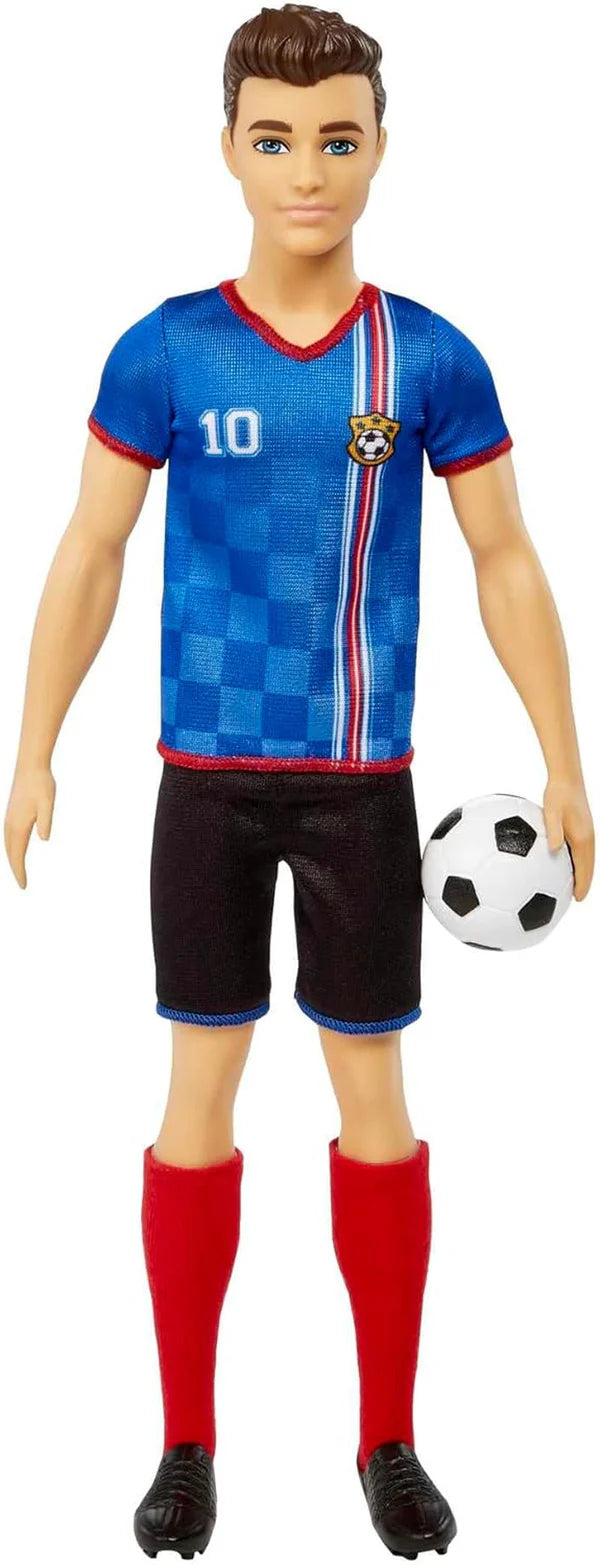 Barbie You Can Be Anything Series, Păpușă Ken Fotbalist, Păpușă Ken cu păr șaten, tricou albastru, fotbal, 1X Păpușă Ken Fotbalist, cadou pentru copii, jucării de la 3 ani, Hcn15
