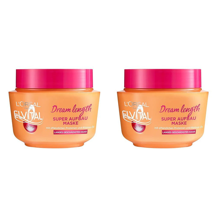 L'Oréal Paris Elvital Anti Split End Hair Mask pentru păr lung, deteriorat, Tratament intensiv pentru clătire, Cu vitamine vegetale și ulei de ricin, Dream Length Super Build-up Mask, 1 x 300 ml Masca de par Naty Shop Titlu implicit