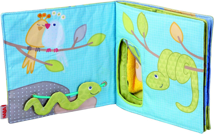 HABA 300146 - Cartea de pluș Elefant Egon, carte moale cu multe efecte tactile și de joc, jucărie pentru copii frumos proiectată de la 6 luni Jucarii Bebe Naty Shop