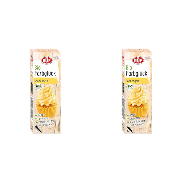 RUF Bio Lebensmittelfarbe Himmel-Blau, Mit Agavendicksaft Zum Einfärben Von Zucker-Glasuren & Für Ausgefallene Torten, Glutenfrei & Vegan, 1 X 25G Coloranti Alimentari Naty Shop 25 G (2Er Pack) Sonnen-Gelb