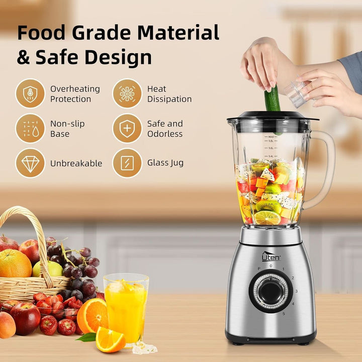 Uten Standmixer 2L, 1800 W Mixer Hochleistungsmixer, Pulse Und 5 Geschwindigkeiten, Edelstahlgehäuse, 6 Klingen, Macht Milchshake-Smoothies, Mahlbare Kaffeebohnen Mama si Copilul Naty Shop