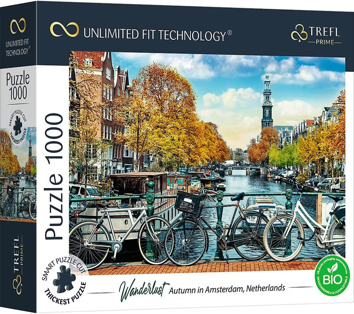 Trefl 26196 1500 elemente, carton cel mai gros, organic, ECO, Italia, apus de soare, divertisment pentru adulți și copii de la 12 ani, Uft-Puzzle Romantic Sunset: Vernazza, Liguria, Italia Puzzle Naty Shop Puzzle Wanderlust: Toamna în Amsterdam, Olanda 1000