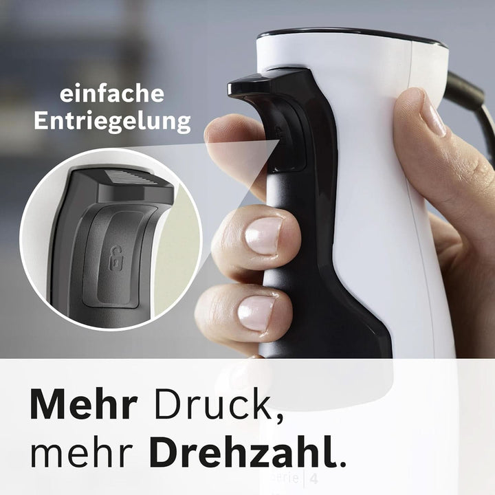 Bosch Stabmixer Ergomaster Serie 4 MSM4W210, Einhändig Bedienbar, Edelstahl-Klingen, Verschleißfreie Keramik-Kupplung, Mixbecher, Quattroblade, Antisplash Funktion, Einschaltsperre, 600 W, Weiß Mama si Copilul Naty Shop