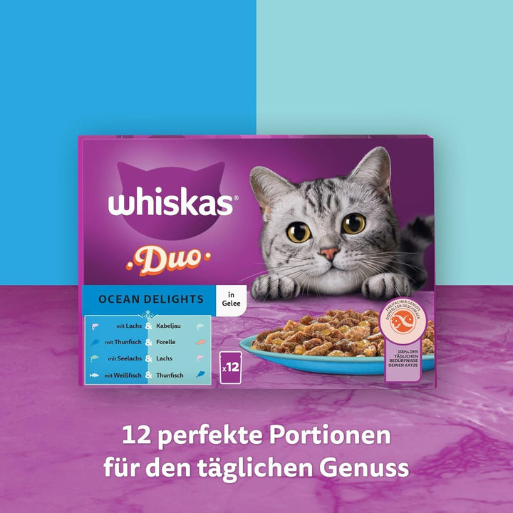 WHISKAS Duo pungi porționate pentru hrană umedă multipack, Delicii oceanice în jeleu, 12 X 85G