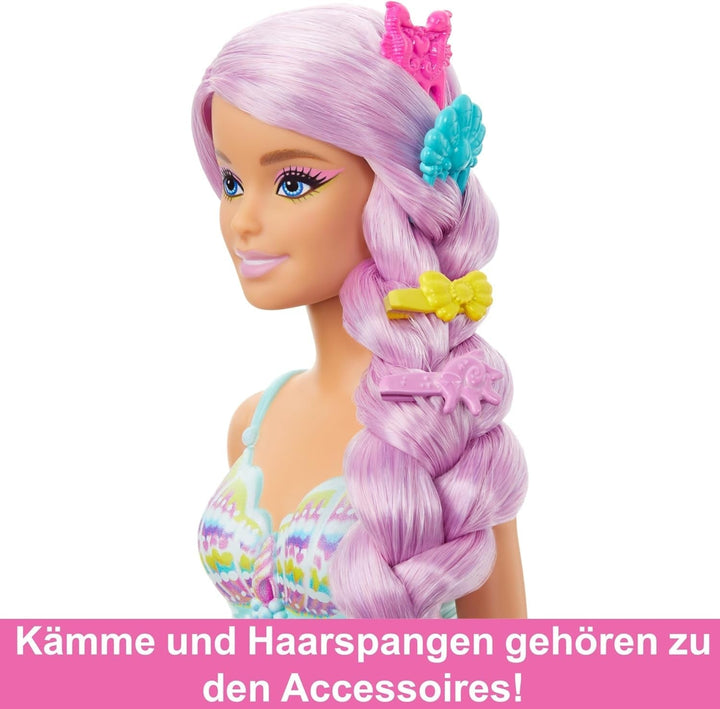 Păpușa Barbie Mermaid - cu păr lung roz și accesorii pentru styling personalizat, inclusiv perie, cochilie frumoasă și aripioare roz, pentru copii de la 3 ani, HRR00 Papusi Naty Shop