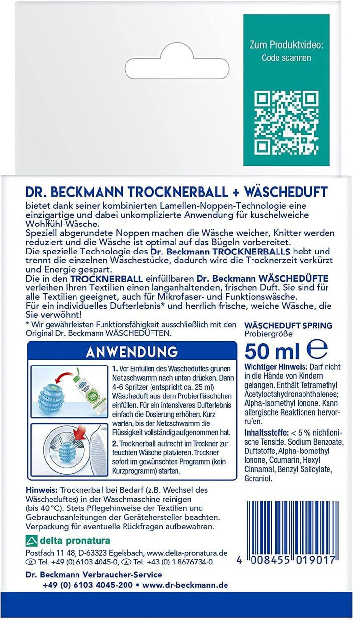 Minge de uscat Dr Beckmann, Pentru rufe proaspete și moi, Poate fi umplută cu parfum de rufe, Scurtează timpul de uscare, Inclusiv parfum de rufe Spring Sample 50 ml Detergenti Rufe Naty Shop