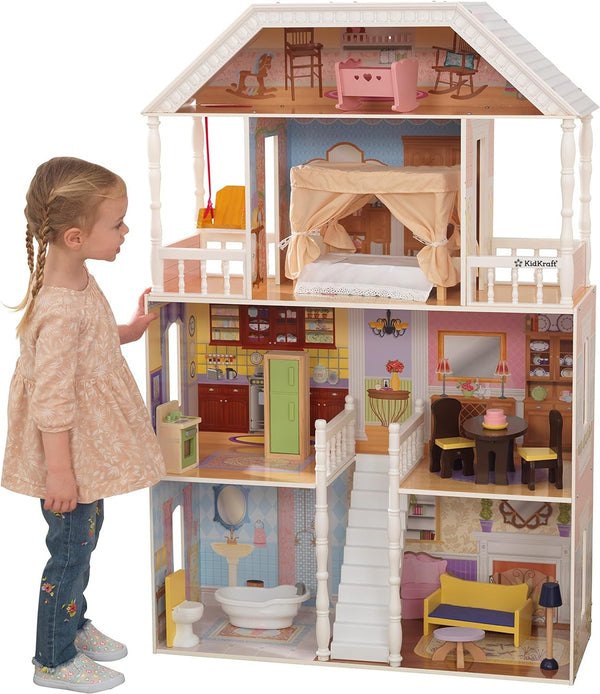 Casă de păpuși Kidkraft Savannah din lemn cu mobilier și accesorii, set de joacă cu scaun suspendat și pat cu baldachin pentru păpuși de 30 cm, jucărie pentru copii de la 3 ani, 65023 Casute de papusi Naty Shop Casa de păpuși din lemn Savannah Pentru păpuși de 30 cm
