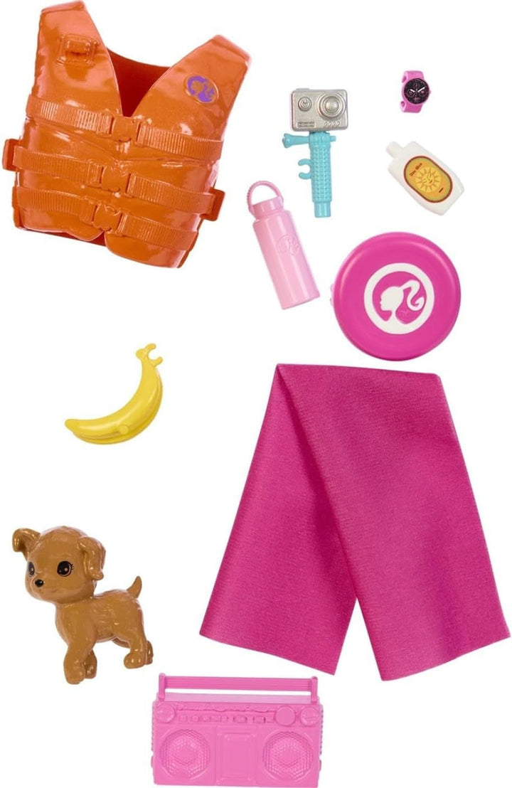 Barbie - păpușă surfer cu placă de surf și mâner, prosop și radio pentru aventuri pe plajă și povestiri, cleme și curea de gleznă pentru surfing realist, de la 3 ani, HPL69 Papusi Naty Shop
