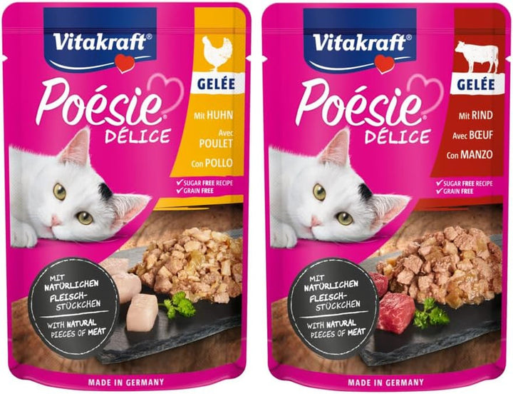Vitakraft Poésie Délice, Country Selection, hrană umedă pentru pisici, jeleu de hrană umedă pentru pisici, cu pui, cu vită (1 pachet de 6X 85G)