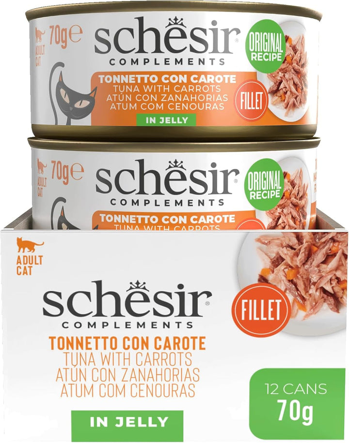 , File de ton cu morcovi în jeleu, Hrană umedă complementară pentru pisici, Rețetă originală, 100% naturală, 12 cutii la 70 G