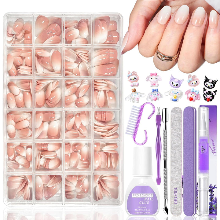 Set 420 de unghii false - Unghii tip balerina cu gel moale, acoperire completă, unghii artificiale cu gradient alb nud pentru lipire, unghii false pentru arta unghiilor (Ballerina White Nude)