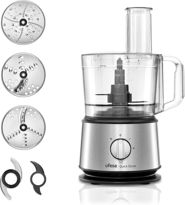 Ufesa Quick Slicer Processor Multifunktions-Foodprozessor 10-In-1, 1200W, 1,5L Fassungsvermögen, Edelstahlgehäuse, X3 Doppelseitige Scheiben, X1 Schneidemesser, X1 Rührlöffel Mama si Copilul Naty Shop Quick Slicer